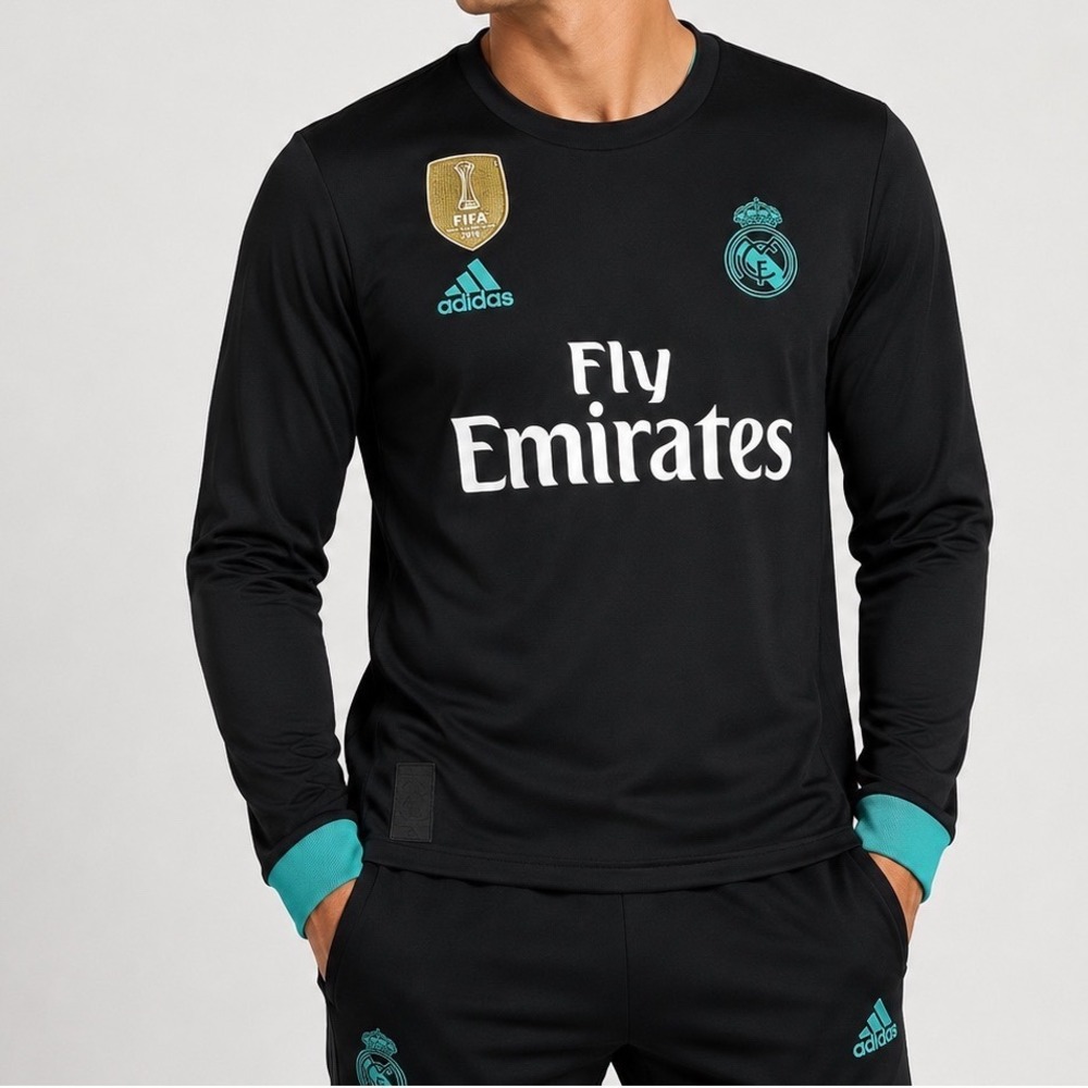 Adidas Real Madrid 2017-18 Third Jersey Long Sleeve Black Teal Mens Small FIFA